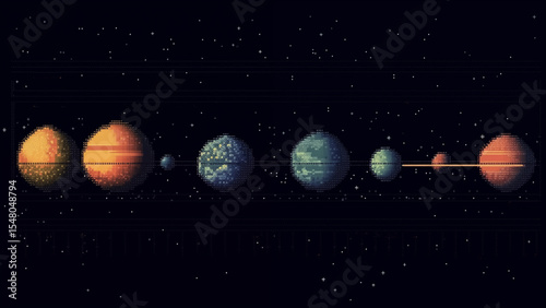 Pixelated solar system map showing colorful planets and stars in retro digital space art style.