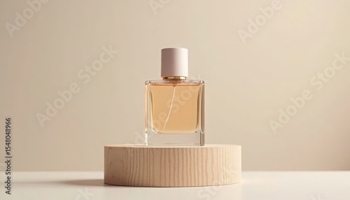 Elegant perfume bottle sits gracefully atop a minimalist wooden pedestal, softly lit studio setting