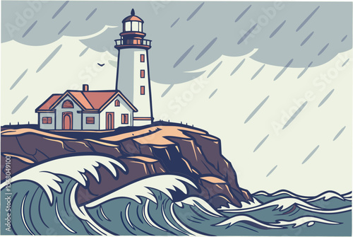 vector-of-a-watercolor-lighthouse-on-a-cliff-with-