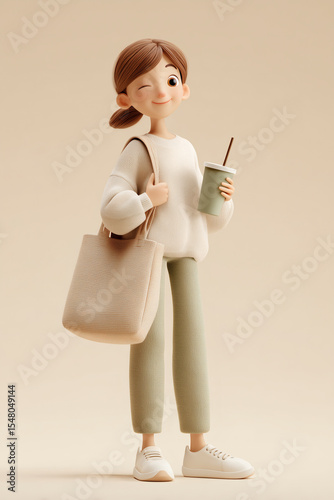 Cheerful cartoon girl winking, holding a drink, and wearing a tote bag, against a neutral backdrop.
