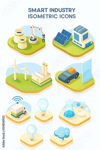 Smart Industry Isometric Icons showcasing renewable energy wind turbines solar panels factory automation and sustainable technology solutions for a greener future