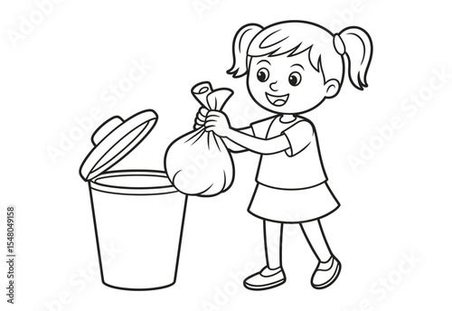 Little girl throwing away trash in a bin
