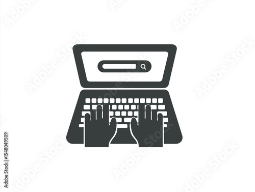 Flat Vector Logo Hands Typing on Laptop Keyboard, Search Bar Icon, Digital Technology Concept