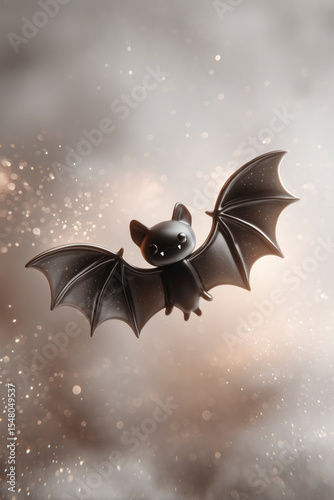 A sleek, glossy black bat figure spreads its stylized wings against a soft, speckled, dreamy backdrop.