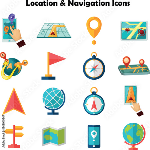 Editable location icons set for map, compass, and route tracking