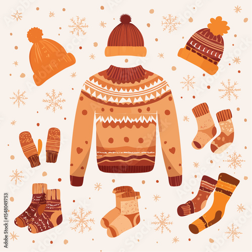 Seasonal Warmth-_Sweaters, mittens and hats imagery in warm earthy tones on light neutra