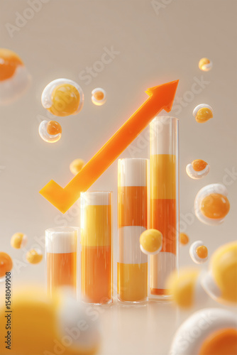 Growth Visualization: An orange arrow over layered columnar graphs, surrounded by circular forms, on cream.