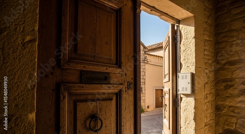 Rustic wooden door ajar revealing sunlit street in old European town.