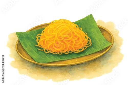 Foi Thong (Golden Egg Yolk Thread Dessert) on Banana Leaf and Brass Tray – Watercolor Illustration