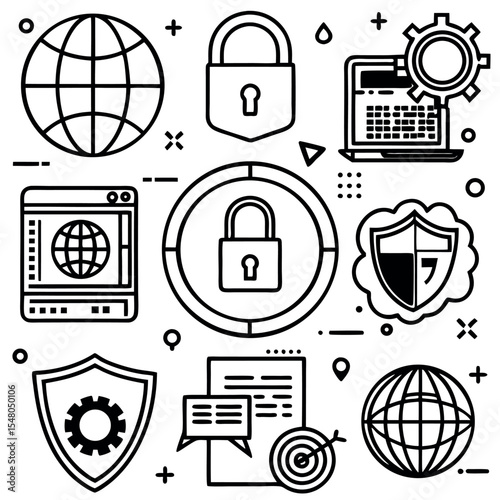 Global cybersecurity protection icons isolated on white background