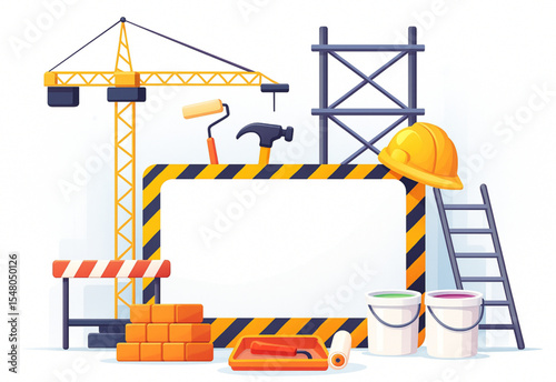 Construction site scene featuring a crane, scaffolding, tools, and a blank sign perfect for your project advertisement or construction industry design needs.