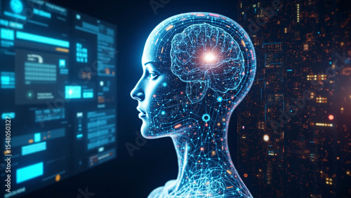 This is a digital artwork depicting a human head and brain as a network of glowing lines and nodes, symbolizing artificial intelligence, with a tech interface and cityscape in the background.
