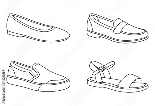 Line art illustration of four different women s shoes