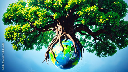 A tree with roots embracing a globe, symbolizing environmental protection and global ecology.