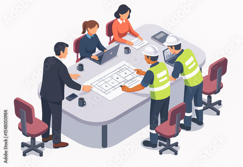 Professional team collaboration meeting around a table reviewing blueprints and using laptops for a successful project development