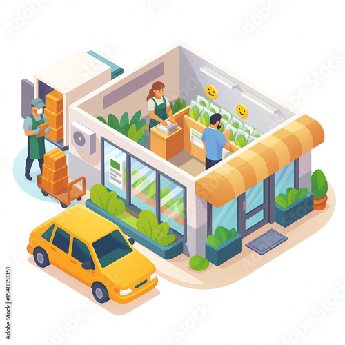 Fresh Produce Grocery Store Delivery Service Isometric Illustration Showing Customer Shopping and Delivery Driver Unloading Boxes
