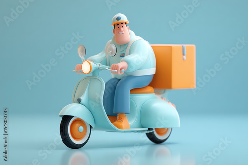 Cartoon delivery person on scooter against a blue backdrop, carrying a package with a fast service smile