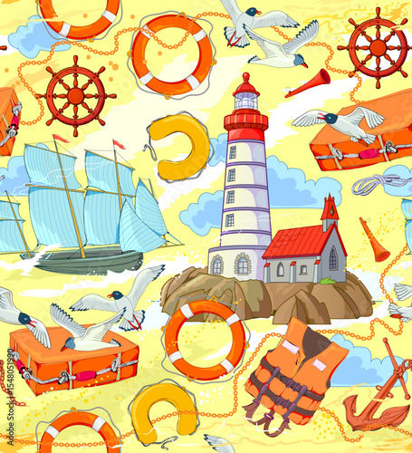 Seamless pattern ornament. Drawing with objects for sailing and life-saving equipment at sea. Background for marine design, fabric, wallpaper. Security tools elements. Hand drawn vector illustration.