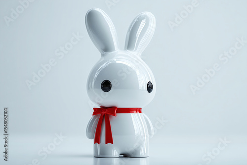 White toy rabbit figure with a red ribbon, isolated against a light blue background, standing upright.