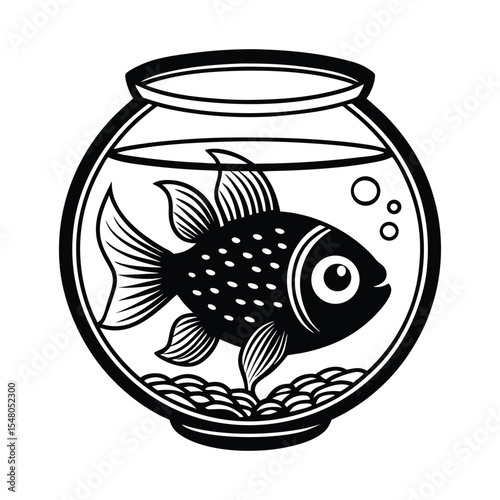 Goldfish in Gold Fish Bowl Cute Cartoon Illustration