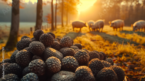 Black truffles freshly collected in a forest during golden sunrise, with pigs grazing in the background.