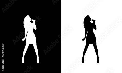 women singer silhouette vector illustration, women singing silhouette, mic, singing, girl, violinist, woman, couple, people, vector, illustration, love, black, fashion, body, dance, art, child,