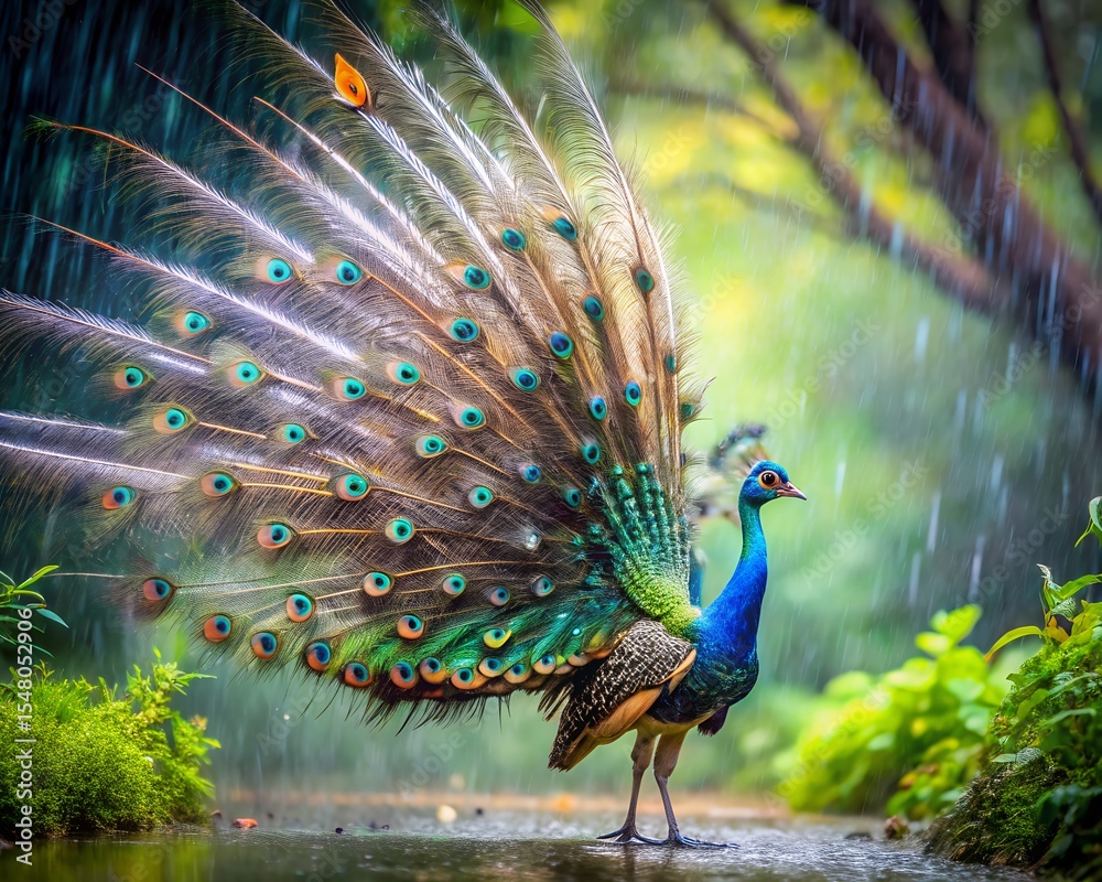 Obraz premium Majestic peacock displaying vibrant plumage in a lush rainforest during a gentle rain