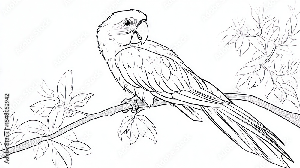 Obraz premium Line drawing of a macaw perched on a branch. Botanical background. Educational use
