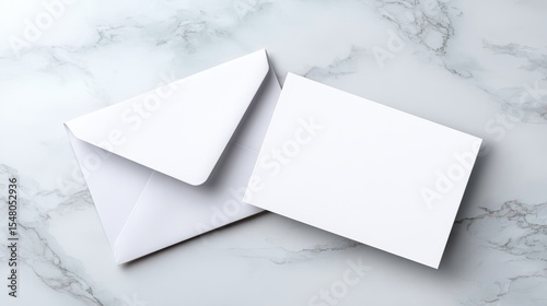Blank white envelope and card placed on a smooth marble surface, showcasing a minimalist design, ideal for invitations, greeting cards, or personal messages with ample space for customization