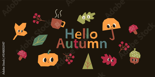 Autumn hand drawn card, Maple leaf, pumpkin and walnut. Hello autumn paper cut design. Cute Character leaf autumn design.