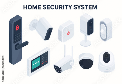 Secure your home with this modern isometric illustration featuring smart security devices like cameras, door locks, and control panels ideal for home security systems infographics.