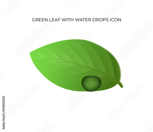Vibrant green leaf icon adorned with dew drops, representing a revitalized environment and organic beauty.