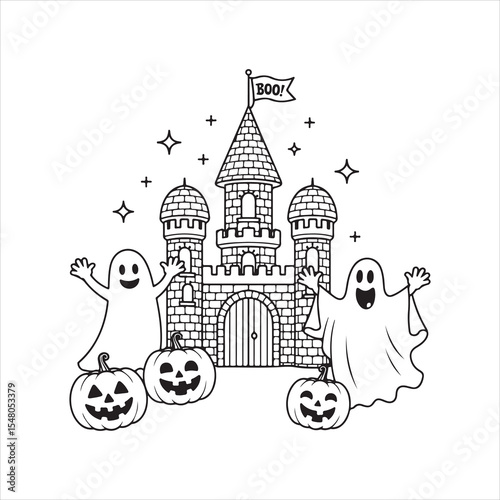 Cute Halloween Castle Coloring Page with Ghosts and Pumpkins – Printable Spooky Fun