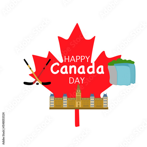 Happy Canada Day illustration with maple leaf, Parliament building, Niagara Falls, and Hockey sticks. Flat vector design 
