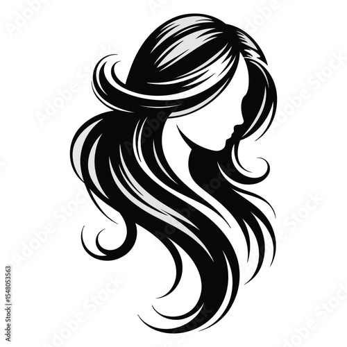 Black and White Stylized Woman Long Hair Profile View Elegant Flowing Locks Graphic Design