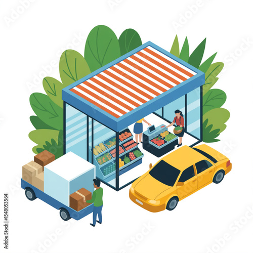 Vibrant Farmers Market Stand Isometric Illustration featuring fresh produce delivery and happy customers enjoying local fruits and vegetables.