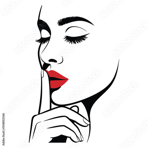 Black and White Woman Red Lips Finger to Lips Secret female face