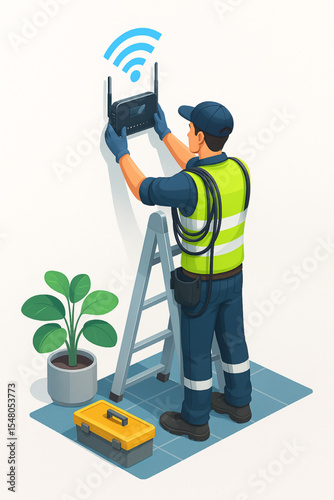 Technician installing a wireless router on a wall using a ladder home internet setup wifi connection
