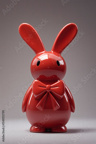 Red rabbit figurine with a bow-tie sits against a plain backdrop, a playful and modern design piece.