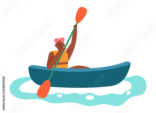 Young woman with pink hair paddles a blue canoe on a beautiful day, enjoying the tranquility of nature and engaging in recreational kayaking