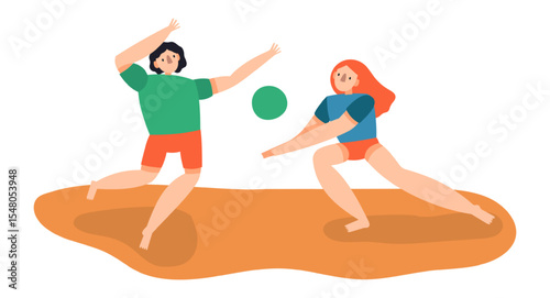 Two athletes in beach volley uniforms engaging in an exciting match on the sandy shore, with one jumping high to strike the ball while the other prepares to receive it