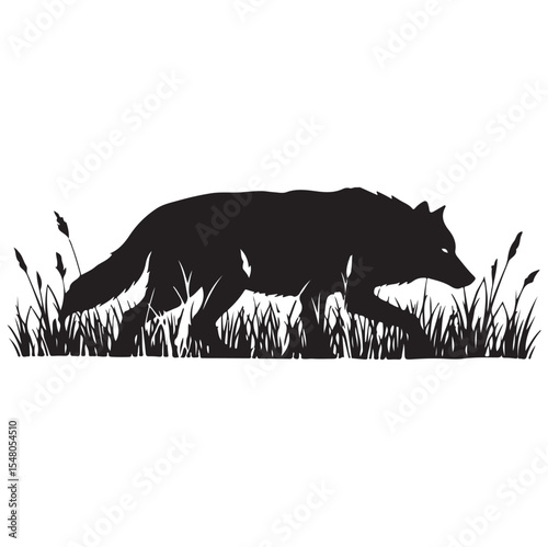 Wolf silhouette walking through tall grass, black and white vector illustration of a wild predator. AI Generator
