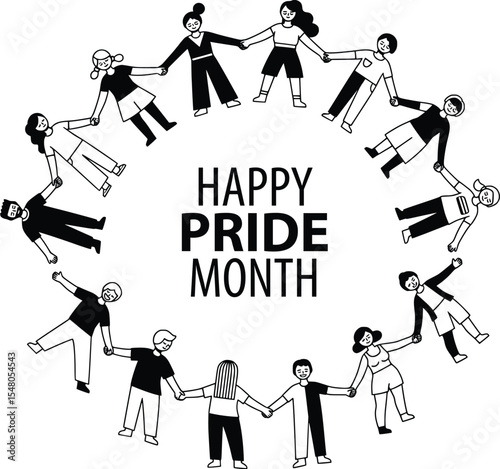 happy pride month diverse community circle holding hands illustration, unity and support for lgbtq+ equality, inclusive celebration graphic