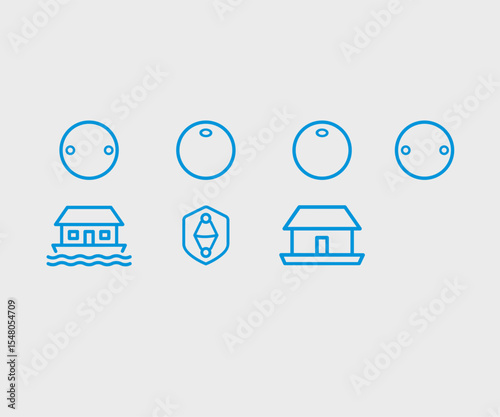 Minimal Line Icon Set: Floating House, Shield, and Sea creatures 