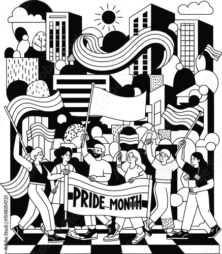 pride month parade in city street illustration, people marching with lgbtq+ flags and banners, celebrating diversity and equality in an urban setting