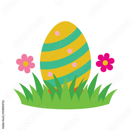 Easter Egg Hunt Scene with Grass and Flowers