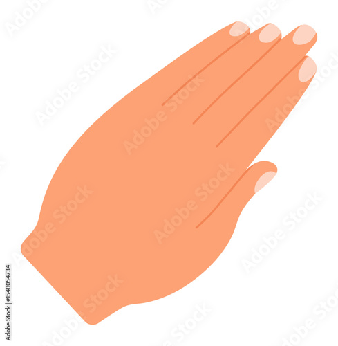 Slightly tilted open hand with visible palm and fingers extended upwards, making a stopping or slowing down gesture, isolated on white background