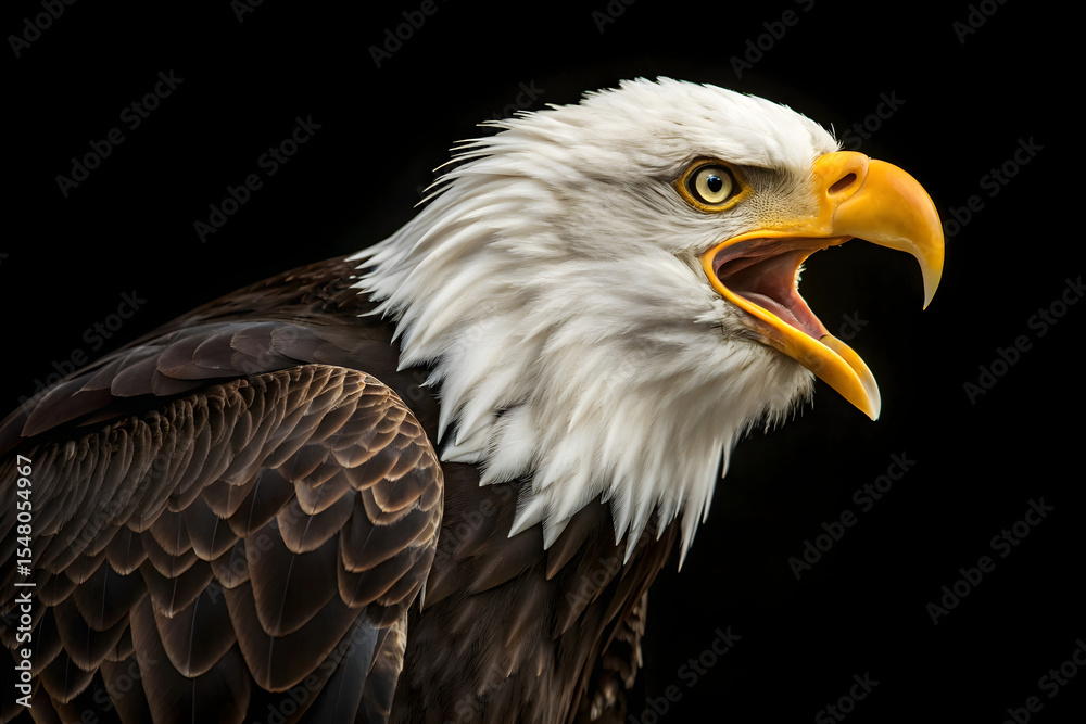 Obraz premium American Bald Eagle Portrait with Open Beak on Black Background | Wildlife Conservation Imagery for Patriotic and Nature Marketing