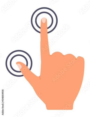 Cartoon hand touching a virtual screen with an index finger, activating a digital interface that creates a ripple effect, illustrating modern technology and user interaction