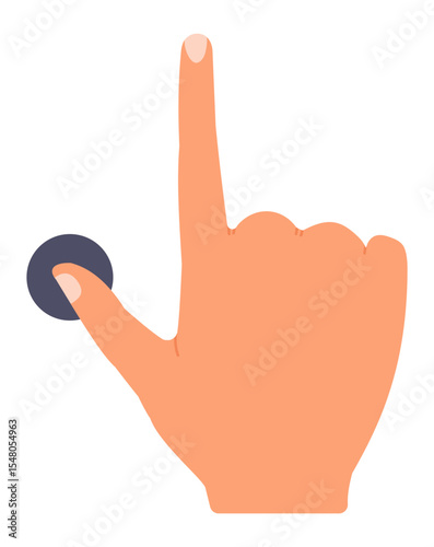 Cartoon hand utilizing the index finger to touch or click a round button, with the thumb positioned underneath, isolated against a clean white background
